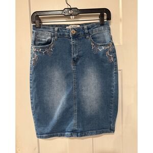Vintage Violet Womens Petite Medium Wash Embroidered Denim Pencil Skirt PS Blue
